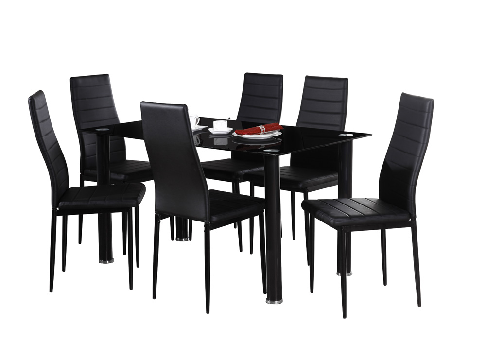 Ensemble Table + 6 Chaises  vitre en verre trempé noir KitM
