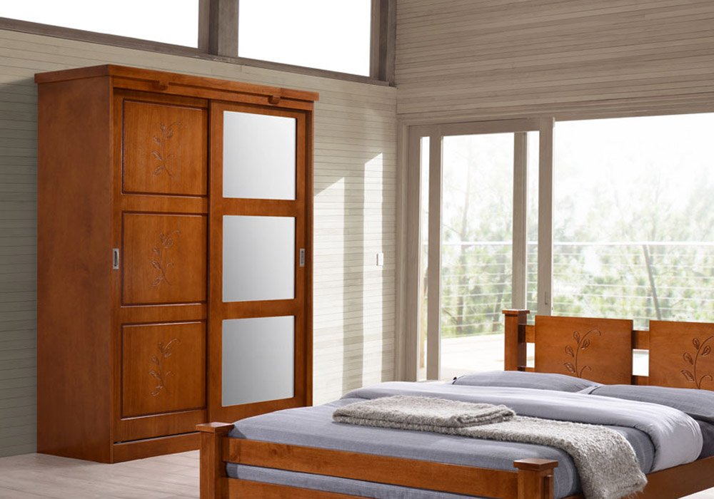 Armoire 2 Portes Coulissantes avec Miroir en bois massif d'hévéa KitM