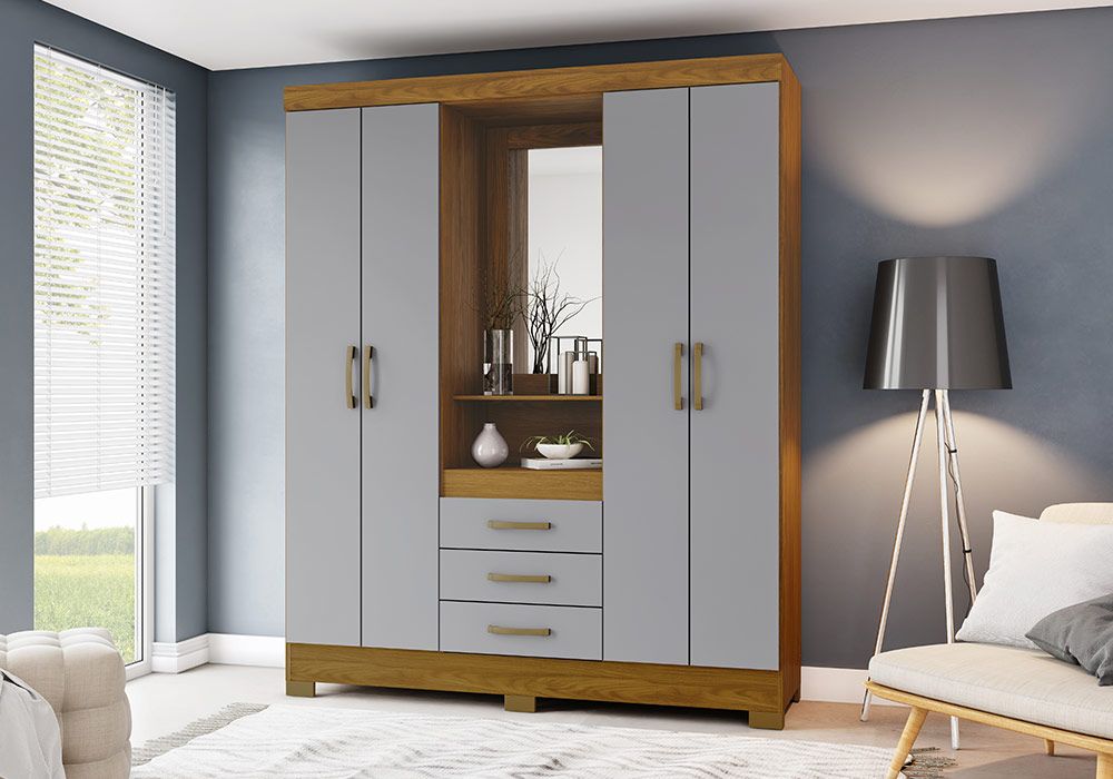 Armoire 4 Portes 3 Tiroirs avec Miroir coloris gris/nature KitM
