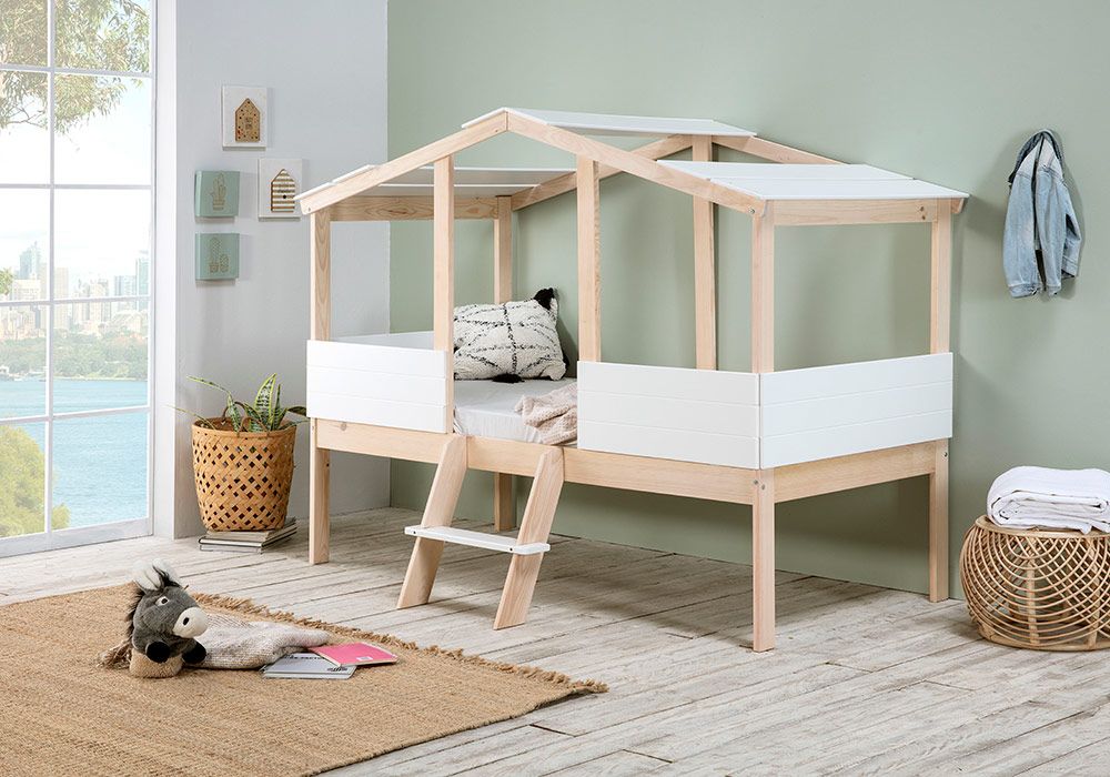 Lit Cabane Enfant 90x190cm En Pin - Cadre Maison Avec Toit, Sommier à Lattes, Capacité 120kg, Blanc Et Naturel