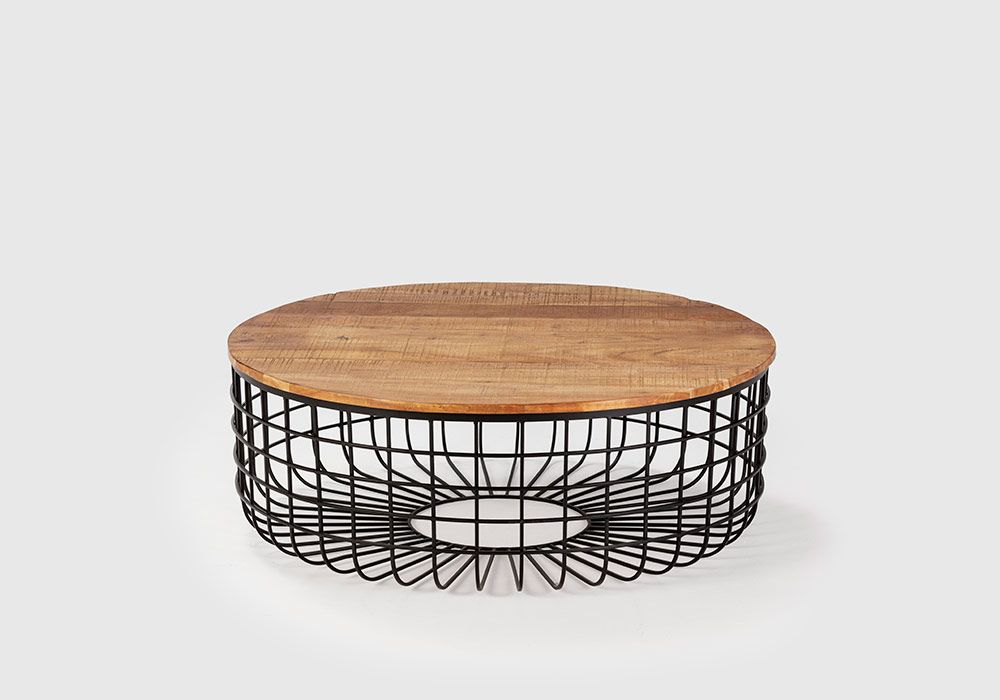 Table Basse Ronde Lot De 2 - Bois Pin Massif Couleur Noyer - Cadre Métal Noir - Style Industriel
