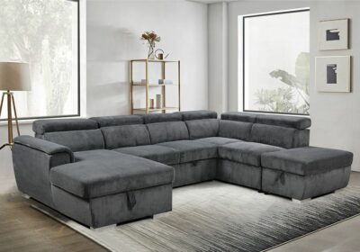 Salon d'Angle Convertible Panoramique Épais Côtelé Gris