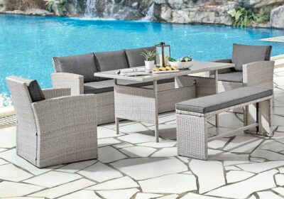 Salon de Jardin avec 1 Canapé 3 Places Table de Repas 1 Banc et 2 Fauteuils