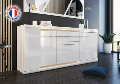 Enfilade 3 Portes avec Tiroir et Éclairage LED (Collection Dayana Blanc/Chêne Blond)