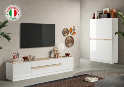 Meuble TV 2 Portes 2 Tiroirs (Collection Zaria Blanc/Chêne) Meubles Votre Magasin de Meuble et Électroménager à La Réunion ! 3 Meuble TV 2 Portes 2 Tiroirs (Collection Zaria Blanc/Chêne)