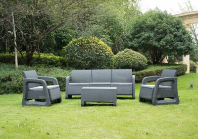 Salon de Jardin Canapé 3 Places avec 2 Fauteuils et Table