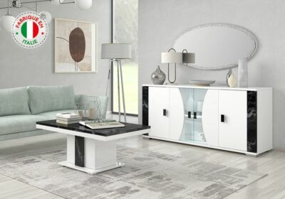 Lot de 6 Chaises Enzo Chaises Votre Magasin de Meuble et Électroménager à La Réunion ! 5 Enfilade 4 Portes avec Éclairage LED (Collection Nevada Blanc/Marbre Noir)