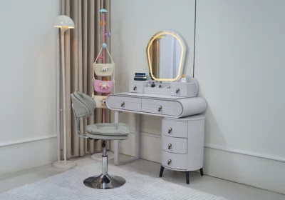 Lit 90cm Escamotable en Bureau Pecan Chambres à Coucher Votre Magasin de Meuble et Électroménager à La Réunion ! 4 Coiffeuse LED 7 Tiroirs avec Fauteuil Lilou