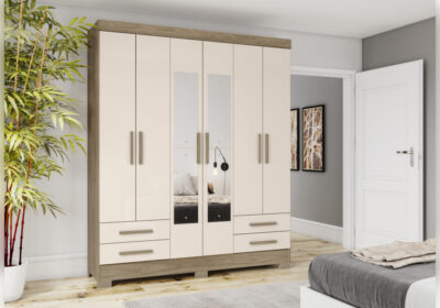 Armoire 6 Portes 4 Tiroirs avec Miroirs