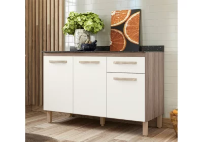 Buffet Bas 3 Portes 1 Tiroir Evora Noyer / Blanc Carvalho Ensembles Cuisine Votre Magasin de Meuble et Électroménager à La Réunion !