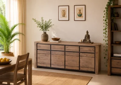 Buffet Bas 4 Portes 4 Tiroirs SWEDEN Bois d'Acacia Votre Magasin de Meuble et Électroménager à La Réunion !