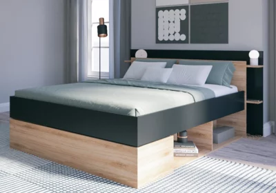 Lit 140x190cm Chêne/Noir avec 4 Tiroirs (Collection Albo)