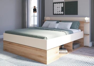 Lit 160x200cm Taupe Vision/Chêne avec 4 Tiroirs (Collection Albo)