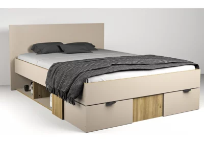 Lit 160x200cm Taupe Vision/Chêne avec 2 Tiroirs (Collection Maden) Chambres à Coucher Votre Magasin de Meuble et Électroménager à La Réunion !