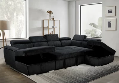 Salon d'Angle Convertible Panoramique Côtelé Épais Noir