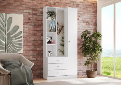 Armoire Étagères 2 Portes 3 Tiroirs avec Miroir Armoires, Commodes & Chevets Votre Magasin de Meuble et Électroménager à La Réunion ! 3 Armoire Étagères 2 Portes 3 Tiroirs avec Miroir