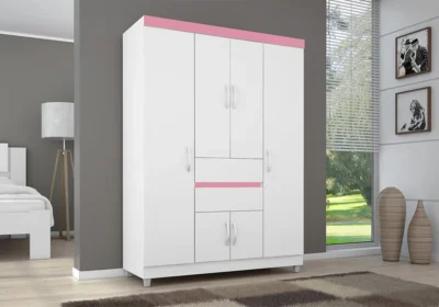 Armoire 6 Portes 4 Tiroirs Blanc/Rose
