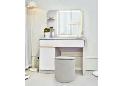 Coiffeuse LED 2 Tiroirs 1 Porte avec Pouf ISABELLA Armoires, Commodes & Chevets Votre Magasin de Meuble et Électroménager à La Réunion !