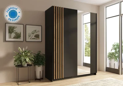 Armoire 2 Portes Coulissantes avec Miroir Noir/Artisan