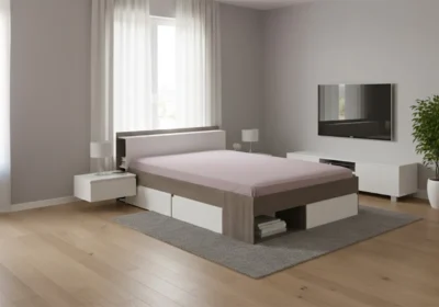 Lit avec Tiroirs 160×200 MOST Noyer/Blanc Armoires, Commodes & Chevets Votre Magasin de Meuble et Électroménager à La Réunion !