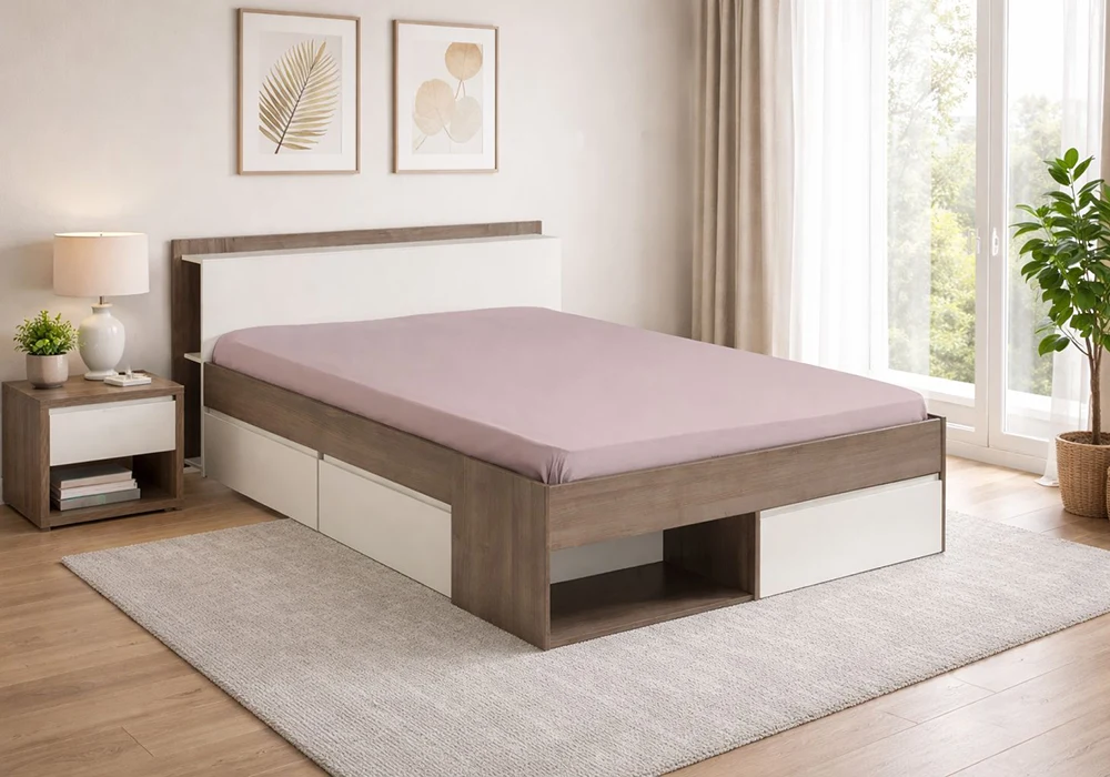 Lit avec Tiroirs 160×200 MOST Noyer/Blanc Armoires, Commodes & Chevets Votre Magasin de Meuble et Électroménager à La Réunion !