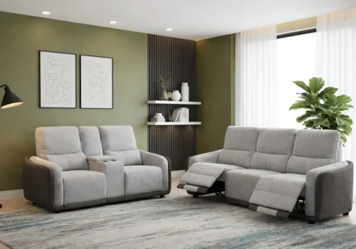 Salon Revea Bi-Couleur : Canapé 3 Places Relax Électrique Multiposition + Canapé 2 Places Relax Avec Console Centrale Classiques Votre Magasin de Meuble et Électroménager à La Réunion !