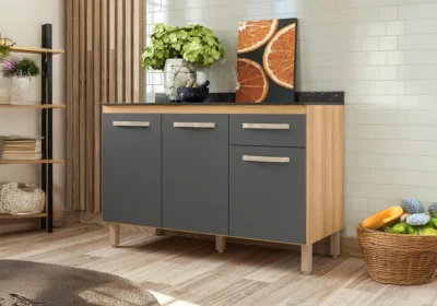 Meuble Bas 3 Portes 1 Tiroir Evora freijo merisier / gris