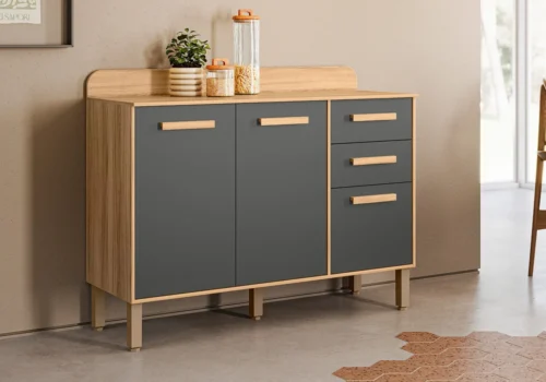 Meuble Bas 3 Tiroirs 2 Portes MARIA freijo merisier/ gris Ensembles Cuisine Votre Magasin de Meuble et Électroménager à La Réunion !