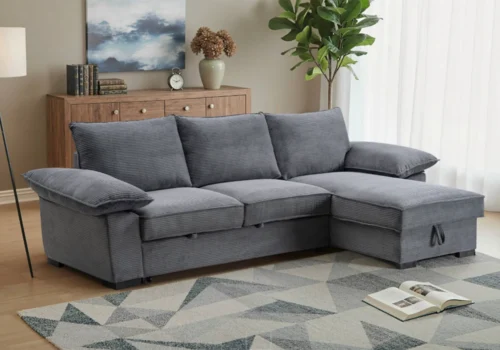 Salon D&rsquo;Angle Convertible Réversible FETIA Côtelé gris Angles Votre Magasin de Meuble et Électroménager à La Réunion !