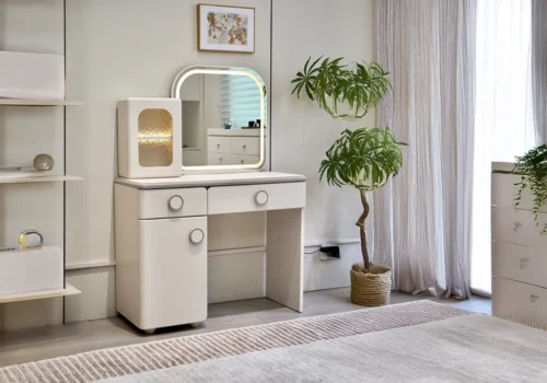 Coiffeuse LED 2 Tiroirs 1 Porte avec Pouf ICONA Armoires, Commodes & Chevets Votre Magasin de Meuble et Électroménager à La Réunion !