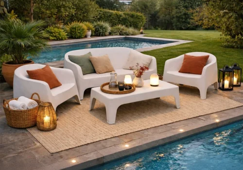 Salon de Jardin DELIA Blanc (Canapé 2 Places avec 2 Fauteuils et Table Basse) Jardins & Terrasses Votre Magasin de Meuble et Électroménager à La Réunion !