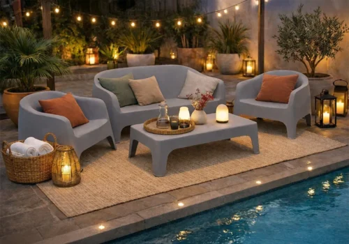 Salon de Jardin DELIA Gris (Canapé 2 Places avec 2 Fauteuils et Table Basse) Jardins & Terrasses Votre Magasin de Meuble et Électroménager à La Réunion !