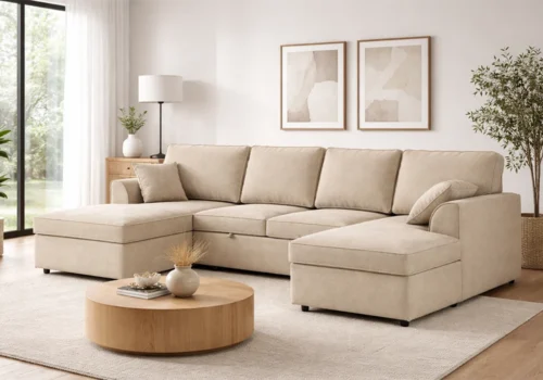 Salon d&rsquo;Angle Convertible Panoramique STAMFORD Beige Angles Votre Magasin de Meuble et Électroménager à La Réunion !