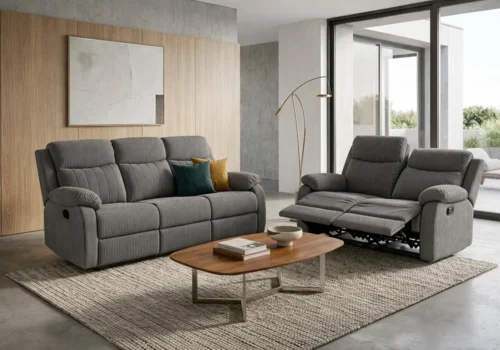 Salon 3 + 2 Canapé avec 4 Relax Manuel GOMO Gris Classiques Votre Magasin de Meuble et Électroménager à La Réunion !