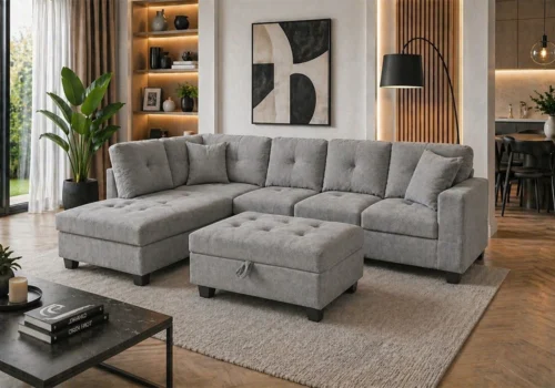 Salon D&rsquo;Angle AGNES avec Pouf Coffre Gris Clair Angles Votre Magasin de Meuble et Électroménager à La Réunion !