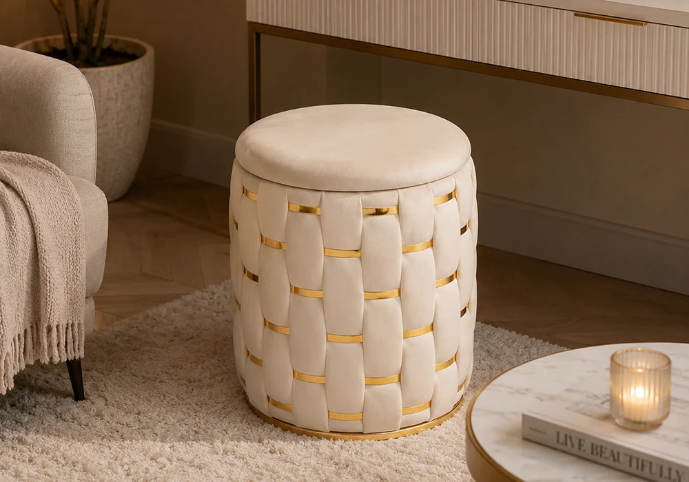 Pouf Coffre Rond Beige Fauteuils, Tabourets & Poufs Votre Magasin de Meuble et Électroménager à La Réunion ! 4 Pouf Coffre Rond Beige – Image 1