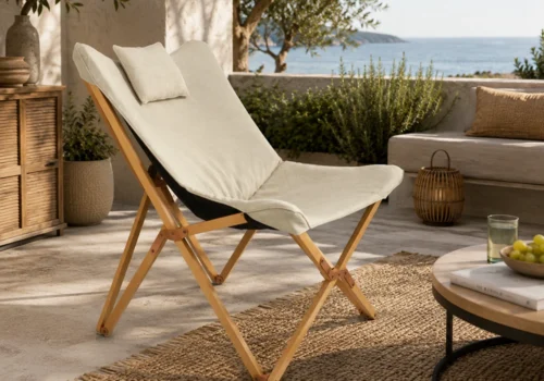 Fauteuil Pliable Détente en Bois Naturel et Tissu Beige Fauteuils, Tabourets & Poufs Votre Magasin de Meuble et Électroménager à La Réunion !