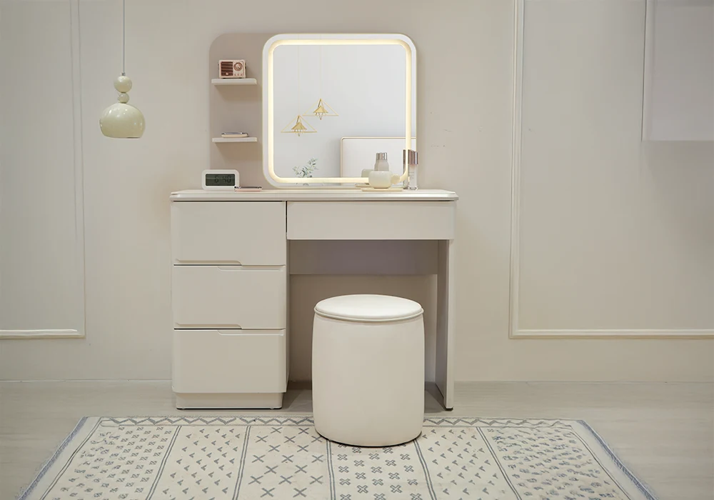 Coiffeuse LED 4 Tiroirs avec Pouf XERIA Armoires, Commodes & Chevets Votre Magasin de Meuble et Électroménager à La Réunion ! 4 Coiffeuse LED 4 Tiroirs avec Pouf XERIA – Image 1