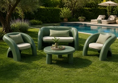 Salon de Jardin LOULA Vert (Canapé 2 Places avec 2 Fauteuils et Table Basse)