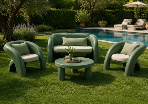 Salon de Jardin LOULA Vert (Canapé 2 Places avec 2 Fauteuils et Table Basse) Jardins & Terrasses Votre Magasin de Meuble et Électroménager à La Réunion !