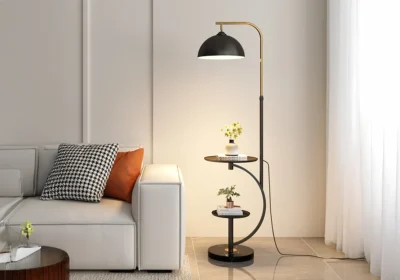 Lampadaire SALON 1xE27 avec Tablette – Design Moderne Noir Élégant