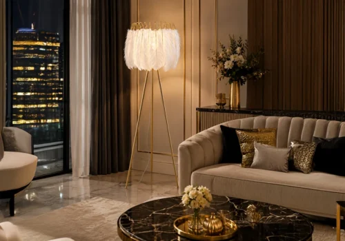 Lampadaire AURUM Élégance – Design Glamour Doré & Blanc Inspirations Déco Votre Magasin de Meuble et Électroménager à La Réunion !