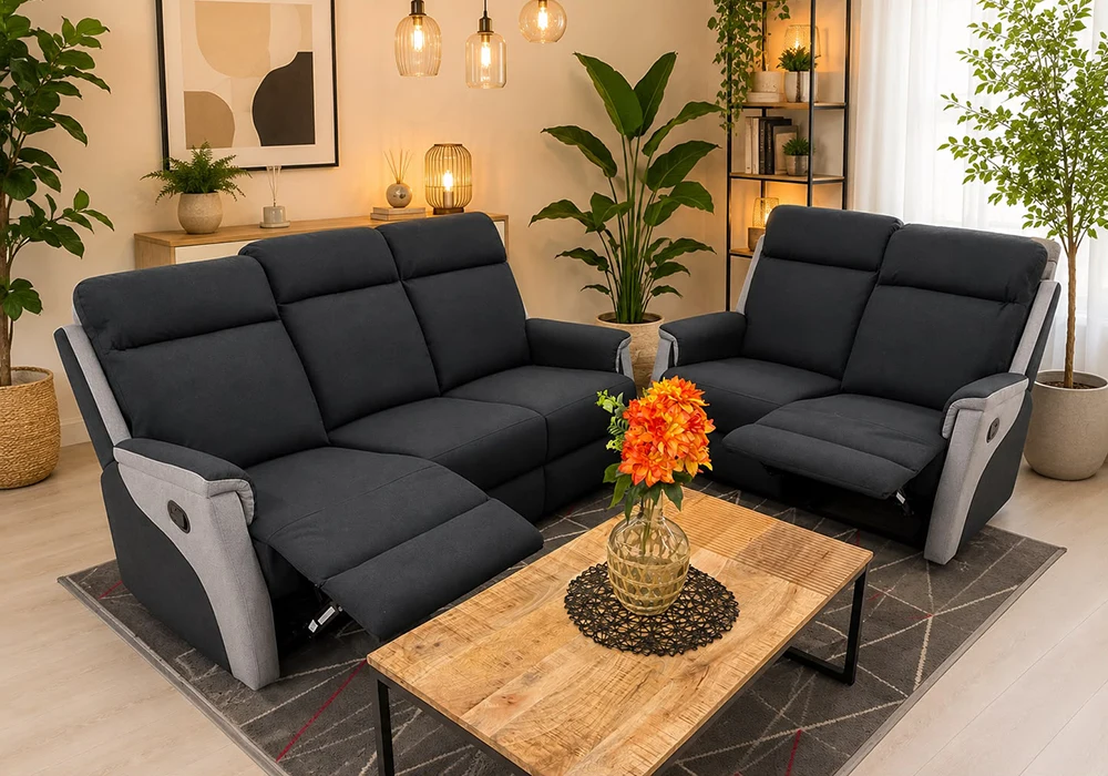 Salon 3 Places +2 Places avec 4 Relax Manuels Noir/Gris Clair Relaxation Votre Magasin de Meuble et Électroménager à La Réunion !
