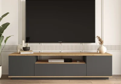Meuble TV 2 Portes /1 Tiroir Gris/Chêne 180cm (Collection BLANCA)