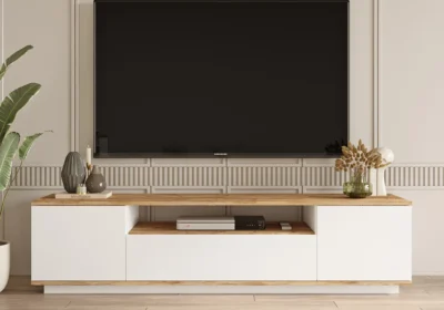 Meuble TV 2 Portes /1 Tiroir Blanc/Chêne 180cm (Collection BLANCA)