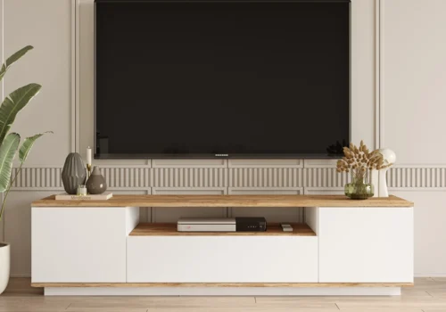 Meuble TV 2 Portes /1 Tiroir Blanc/Chêne 180cm (Collection BLANCA) Meubles Votre Magasin de Meuble et Électroménager à La Réunion !