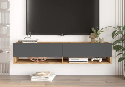 Meuble TV Suspendu CANYON 2 Tiroirs Gris/Chêne 140cm