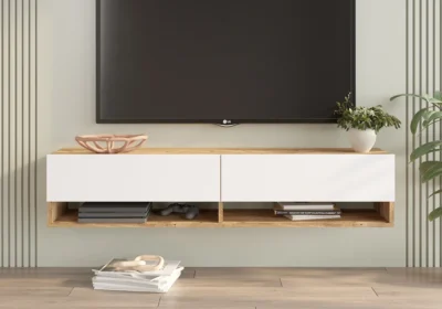 Meuble TV Suspendu CANYON 2 Tiroirs Blanc/Chêne 140cm