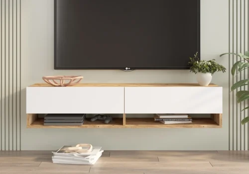 Meuble TV Suspendu CANYON 2 Tiroirs Blanc/Chêne 140cm Meubles Votre Magasin de Meuble et Électroménager à La Réunion !