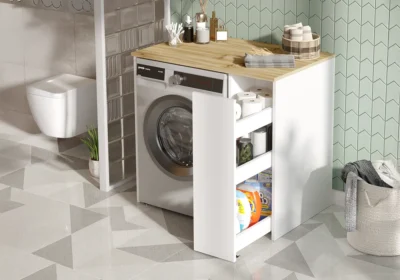 Meuble Lave-Linge avec Rangement Blanc / Chêne
